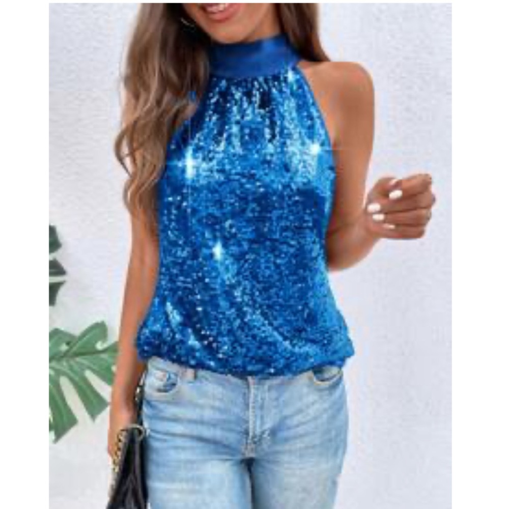 SHEIN Sparkling Blue Sequin Tank Top